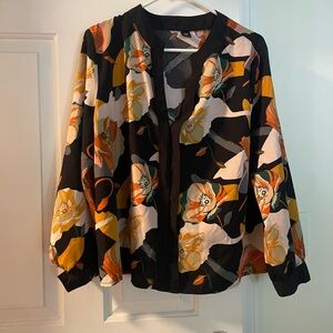 SHEIN Floral Blouse with Orange and Black Accents